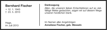 Traueranzeige von Bernhard Fischer von Ostfriesischer Kurier