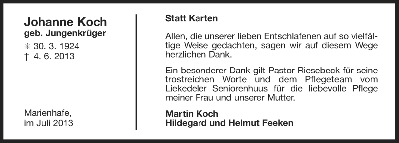  Traueranzeige für Johanne Koch vom 06.07.2013 aus Ostfriesischer Kurier