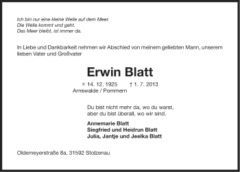 Traueranzeige von Erwin Blatt von Ostfriesischer Kurier