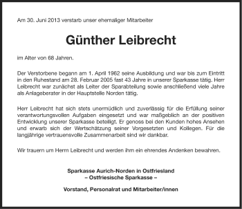 Traueranzeige von Günther Leibrecht von Ostfriesischer Kurier