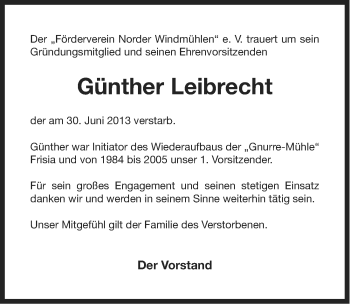 Traueranzeige von Günther Leibrecht von Ostfriesischer Kurier
