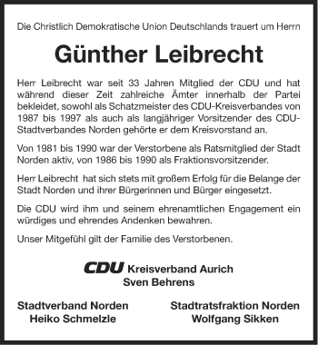 Traueranzeige von Günther Leibrecht von Ostfriesischer Kurier