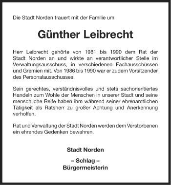 Traueranzeige von Günther Leibrecht von Ostfriesischer Kurier
