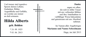 Traueranzeige von Hilda Alberts von Ostfriesischer Kurier