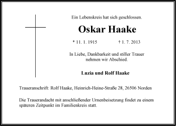 Traueranzeige von Oskar Haake von Ostfriesischer Kurier