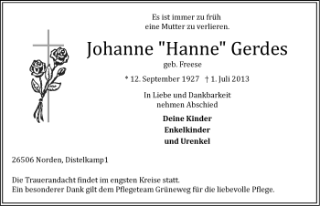 Traueranzeige von Johanne 