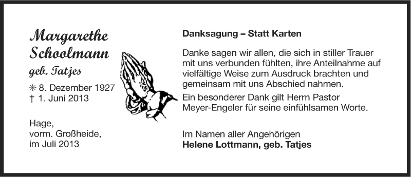  Traueranzeige für Margarethe Schoolmann vom 06.07.2013 aus Ostfriesischer Kurier
