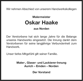 Traueranzeige von Oskar Haake von Ostfriesischer Kurier