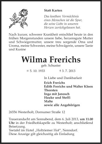 Traueranzeige von Wilma Frerichs von Ostfriesischer Kurier