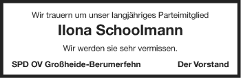 Traueranzeige von Ilona Schoolmann von Ostfriesischer Kurier