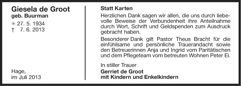  Traueranzeige für Giesela de Groot vom 06.07.2013 aus Ostfriesischer Kurier