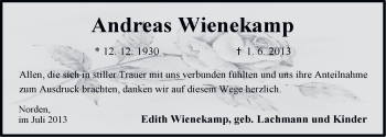 Traueranzeige von Andreas Wienekamp von Ostfriesischer Kurier