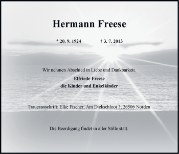 Traueranzeige von Hermann Freese von Ostfriesischer Kurier