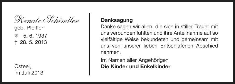  Traueranzeige für Renate Schindler vom 06.07.2013 aus Ostfriesischer Kurier