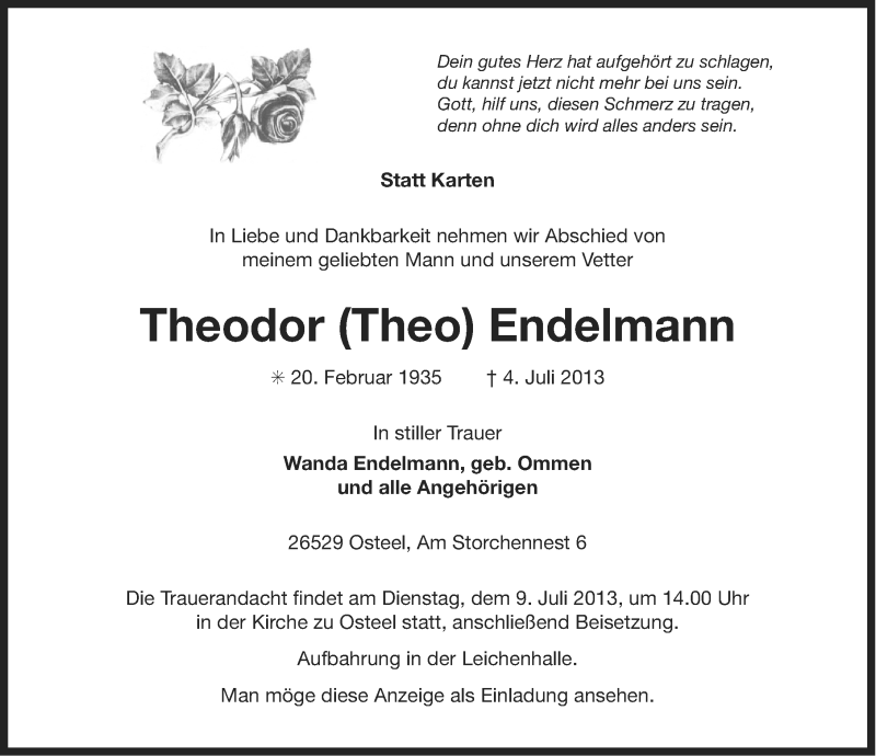  Traueranzeige für Theodor Endelmann vom 06.07.2013 aus Ostfriesischer Kurier
