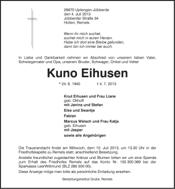 Traueranzeige von Kuno Eihusen von Ostfriesischer Kurier