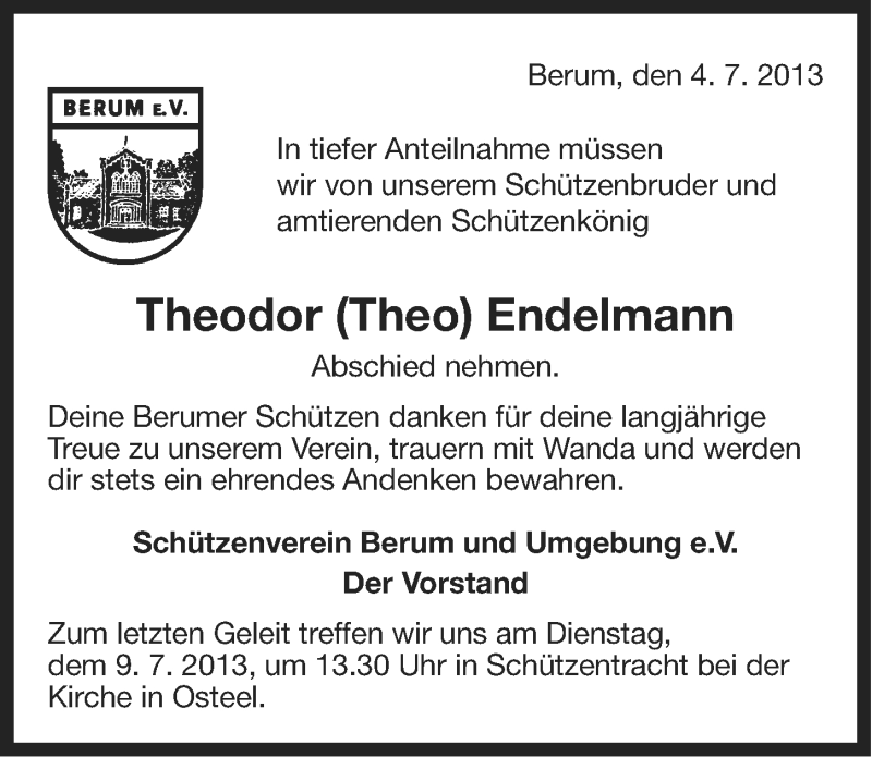 Traueranzeige für Theodor Endelmann vom 06.07.2013 aus Ostfriesischer Kurier