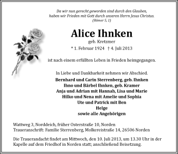 Traueranzeige von Alice Ihnken von Ostfriesischer Kurier