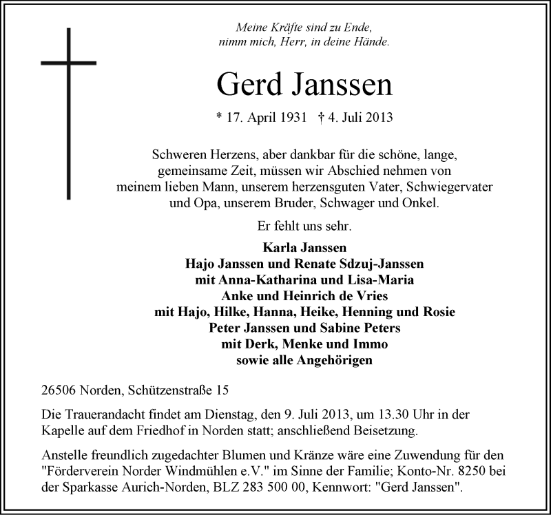 Traueranzeige für Gerd Janssen vom 06.07.2013 aus Ostfriesischer Kurier