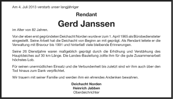 Traueranzeige von Gerd Janssen von Ostfriesischer Kurier