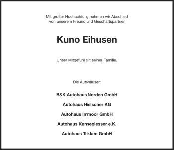 Traueranzeige von Kuno Eihusen von Ostfriesischer Kurier