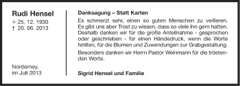 Traueranzeige von Rudi Hensel von Ostfriesischer Kurier