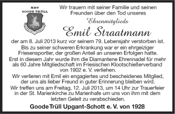 Traueranzeige von Emil Straatmann von Ostfriesischer Kurier