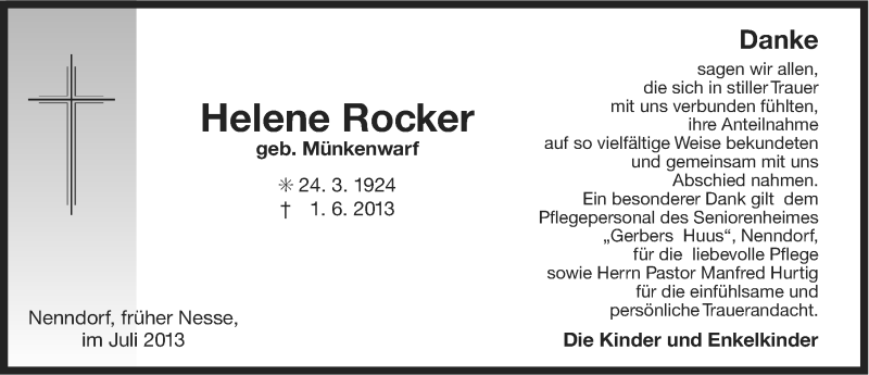  Traueranzeige für Helene Rocker vom 13.07.2013 aus Ostfriesischer Kurier