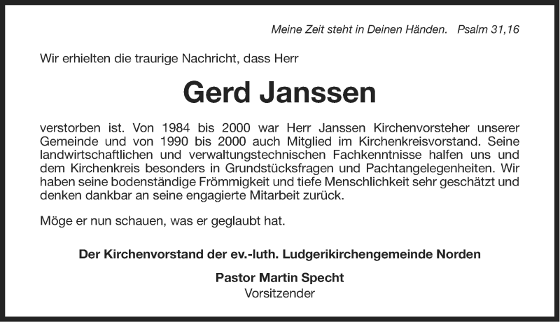  Traueranzeige für Gerd Janssen vom 10.07.2013 aus Ostfriesischer Kurier