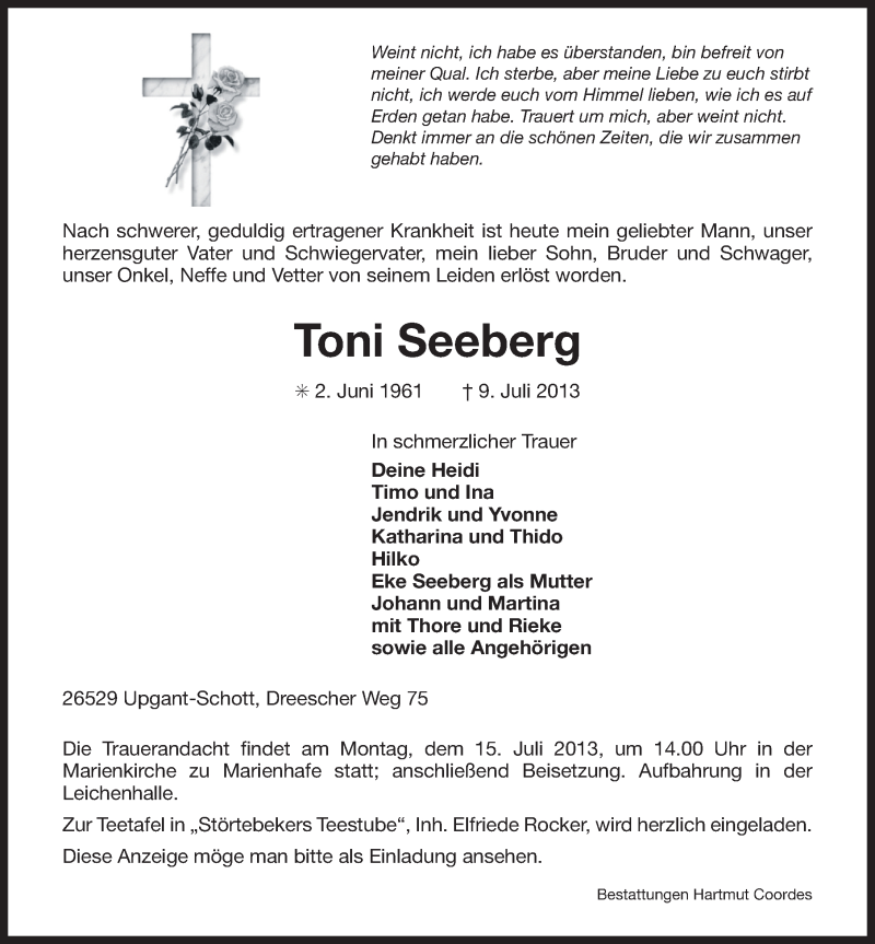  Traueranzeige für Toni Seeberg vom 11.07.2013 aus Ostfriesischer Kurier