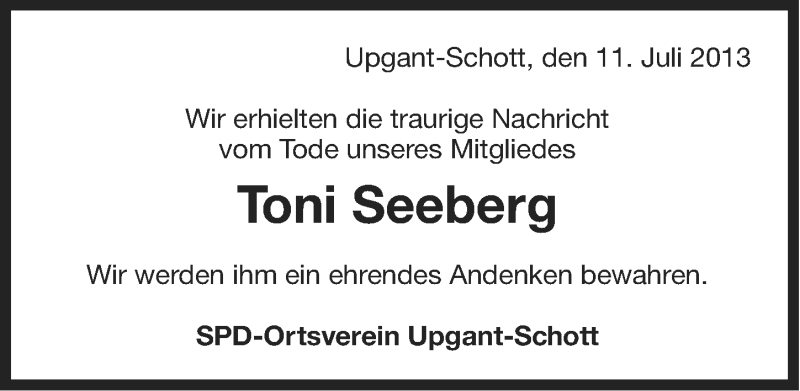  Traueranzeige für Toni Seeberg vom 12.07.2013 aus Ostfriesischer Kurier