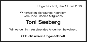 Traueranzeige von Toni Seeberg von Ostfriesischer Kurier