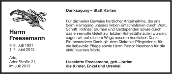 Traueranzeige von Harm Freesemann von Ostfriesischer Kurier