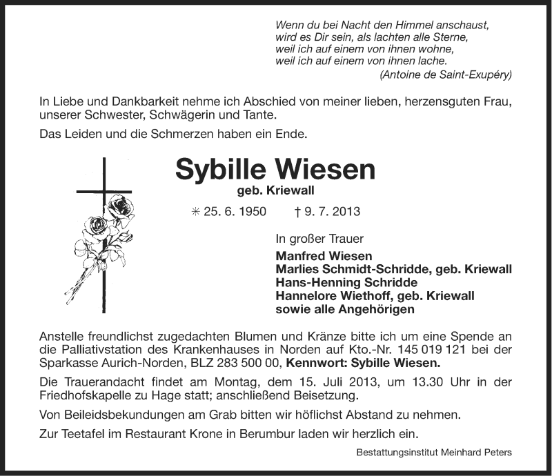  Traueranzeige für Sybille Wiesen vom 12.07.2013 aus Ostfriesischer Kurier
