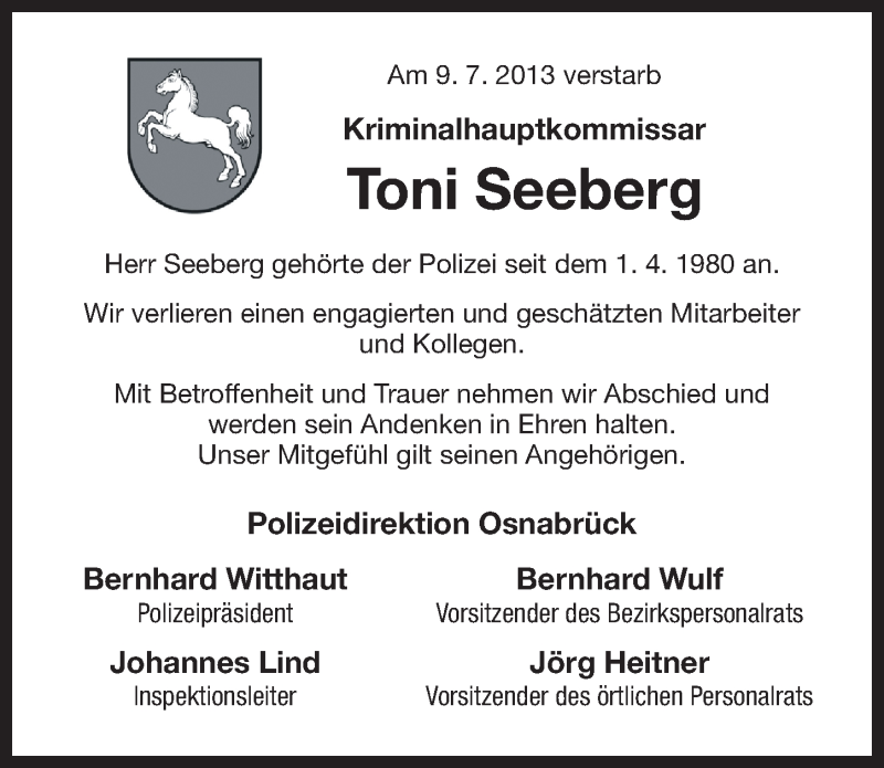 Traueranzeige für Toni Seeberg vom 12.07.2013 aus Ostfriesischer Kurier