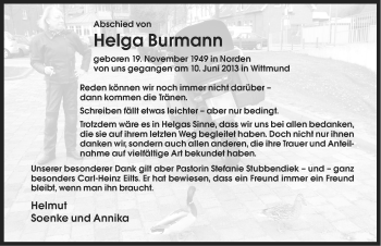 Traueranzeige von Helga Burmann von Ostfriesischer Kurier