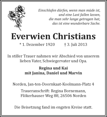 Traueranzeige von Everwien Christians von Ostfriesischer Kurier