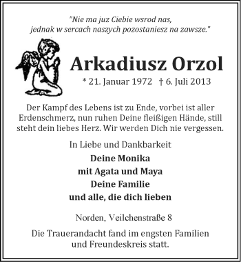 Traueranzeige von Arkadiusz Orzol von Ostfriesischer Kurier