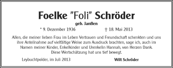 Traueranzeige von Foelke Schröder von Ostfriesischer Kurier