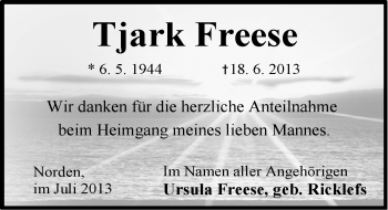 Traueranzeige von Tjark Freese von Ostfriesischer Kurier