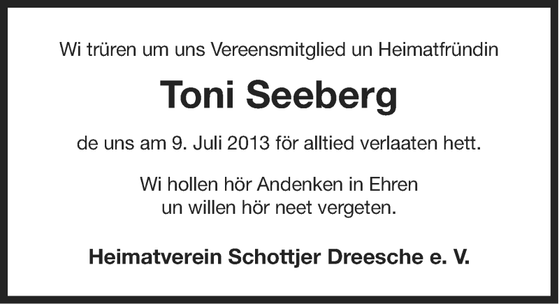  Traueranzeige für Toni Seeberg vom 13.07.2013 aus Ostfriesischer Kurier