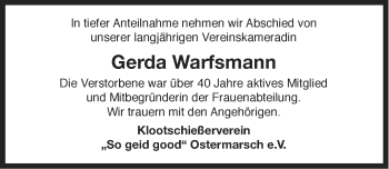 Traueranzeige von Gerda Warfsmann von Ostfriesischer Kurier