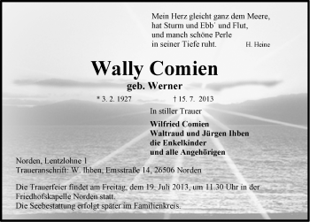 Traueranzeige von Wally Comien von Ostfriesischer Kurier