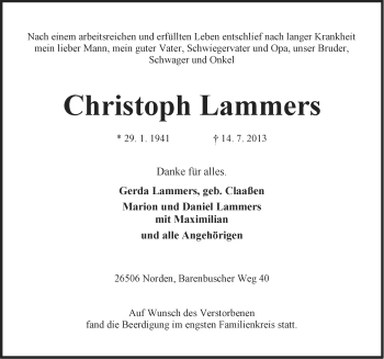Traueranzeige von Christoph Lammers von Ostfriesischer Kurier