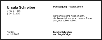 Traueranzeige von Ursula Schreiber von Ostfriesischer Kurier