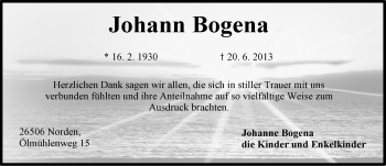 Traueranzeige von Johann Bogena von Ostfriesischer Kurier