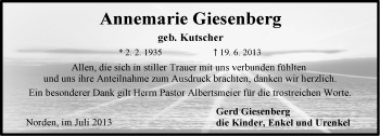 Traueranzeige von Annemarie Giesenberg von Ostfriesischer Kurier