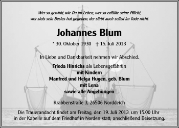 Traueranzeige von Johannes Blum von Ostfriesischer Kurier
