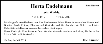 Traueranzeige von Herta Endelmann von Ostfriesischer Kurier