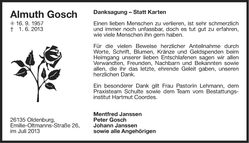  Traueranzeige für Almuth Gosch vom 20.07.2013 aus Ostfriesischer Kurier